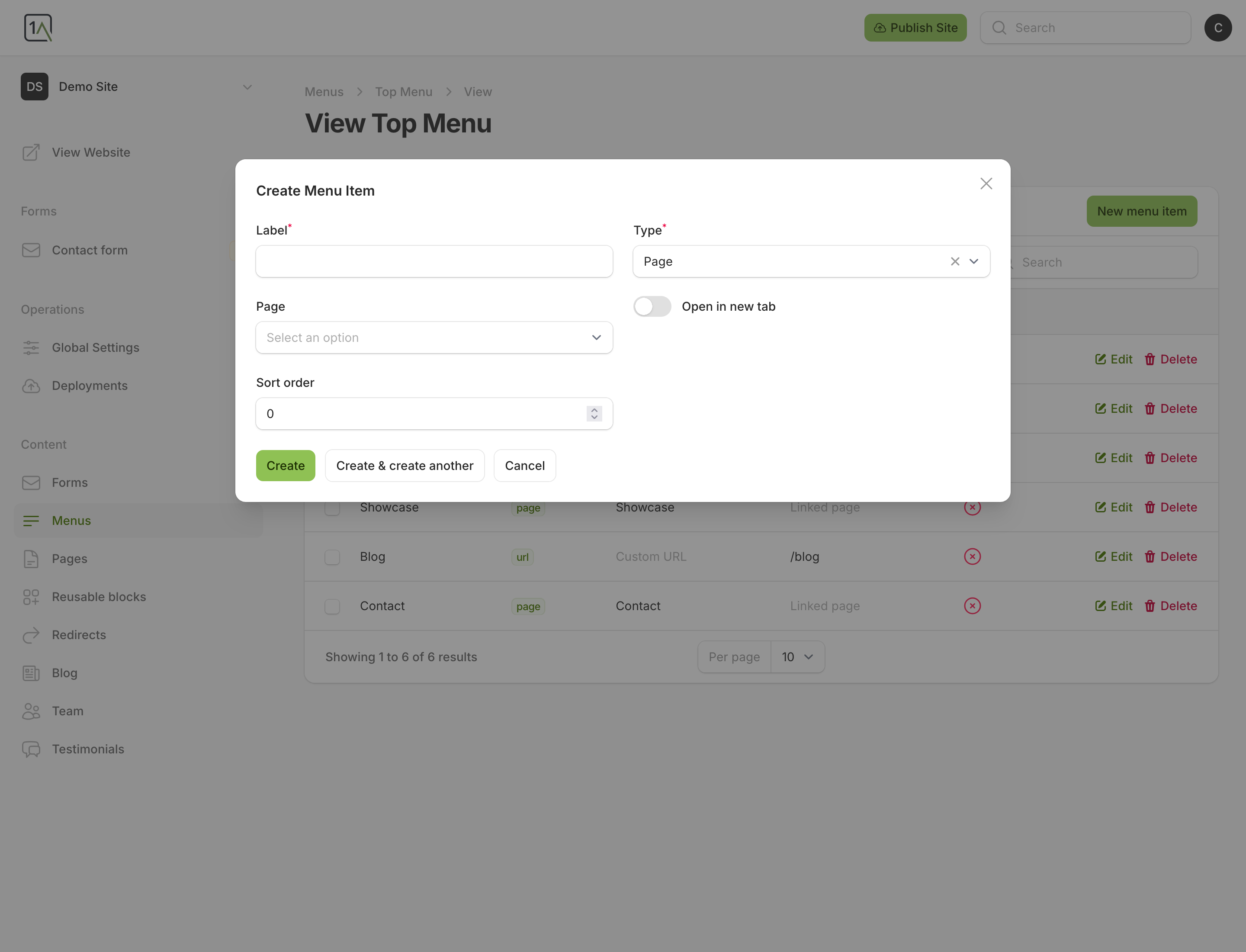 Create menu item