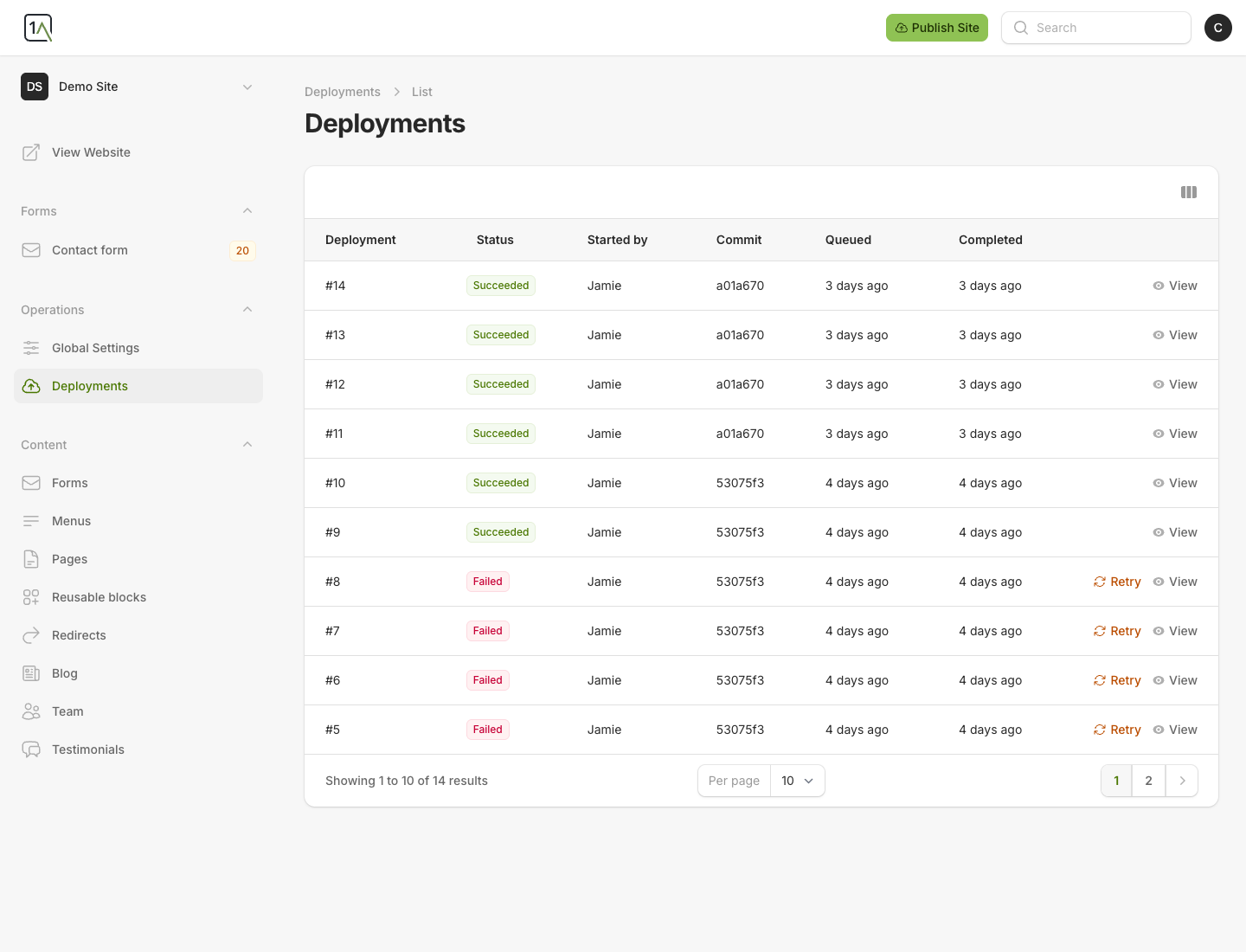 Deployments screen