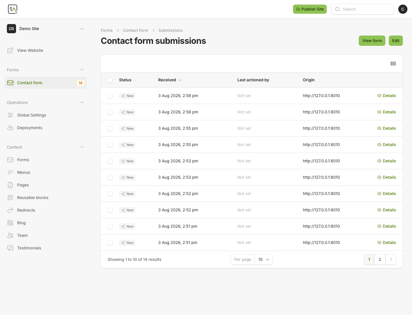 Form submissions list