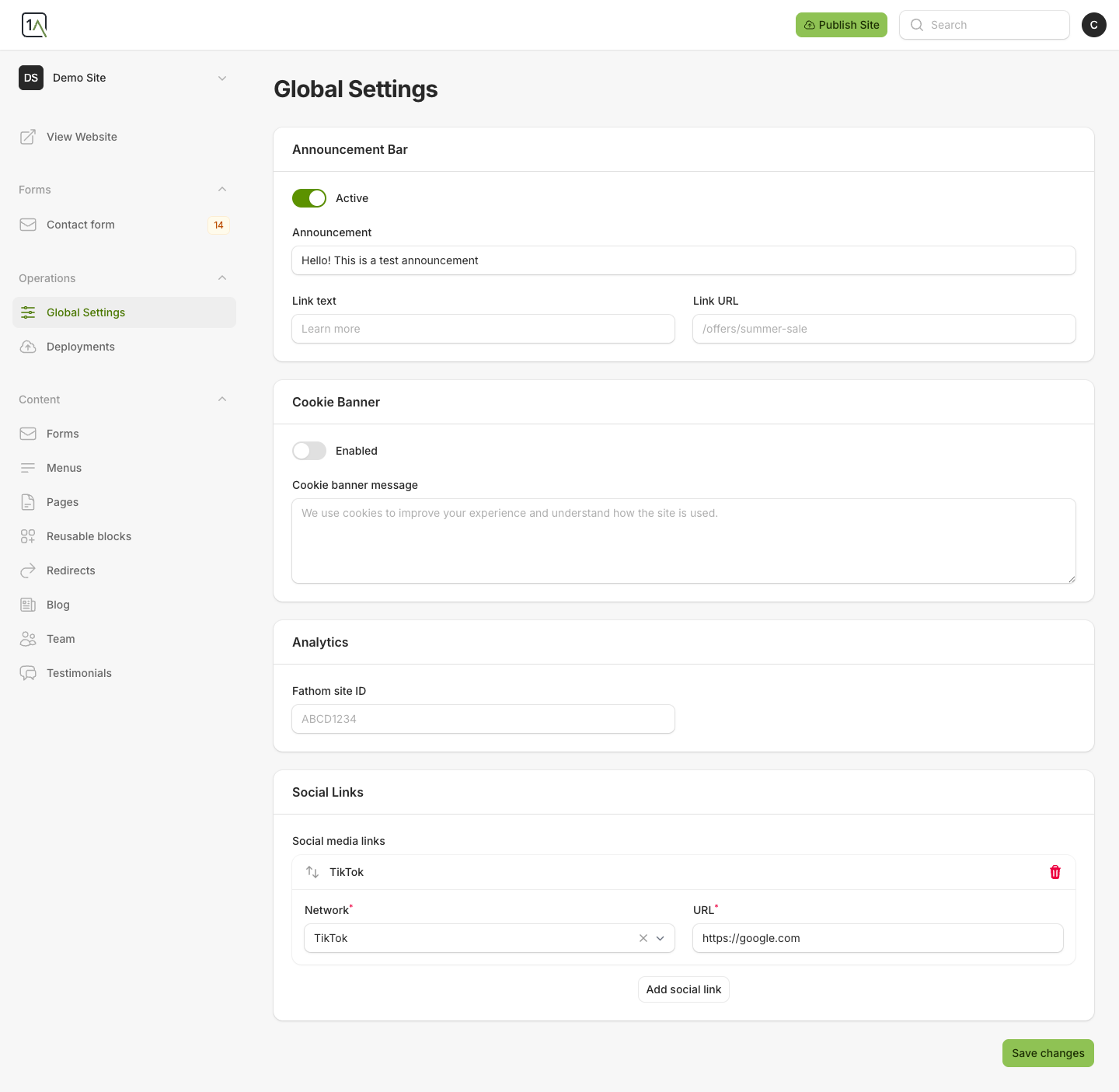 Global settings screen