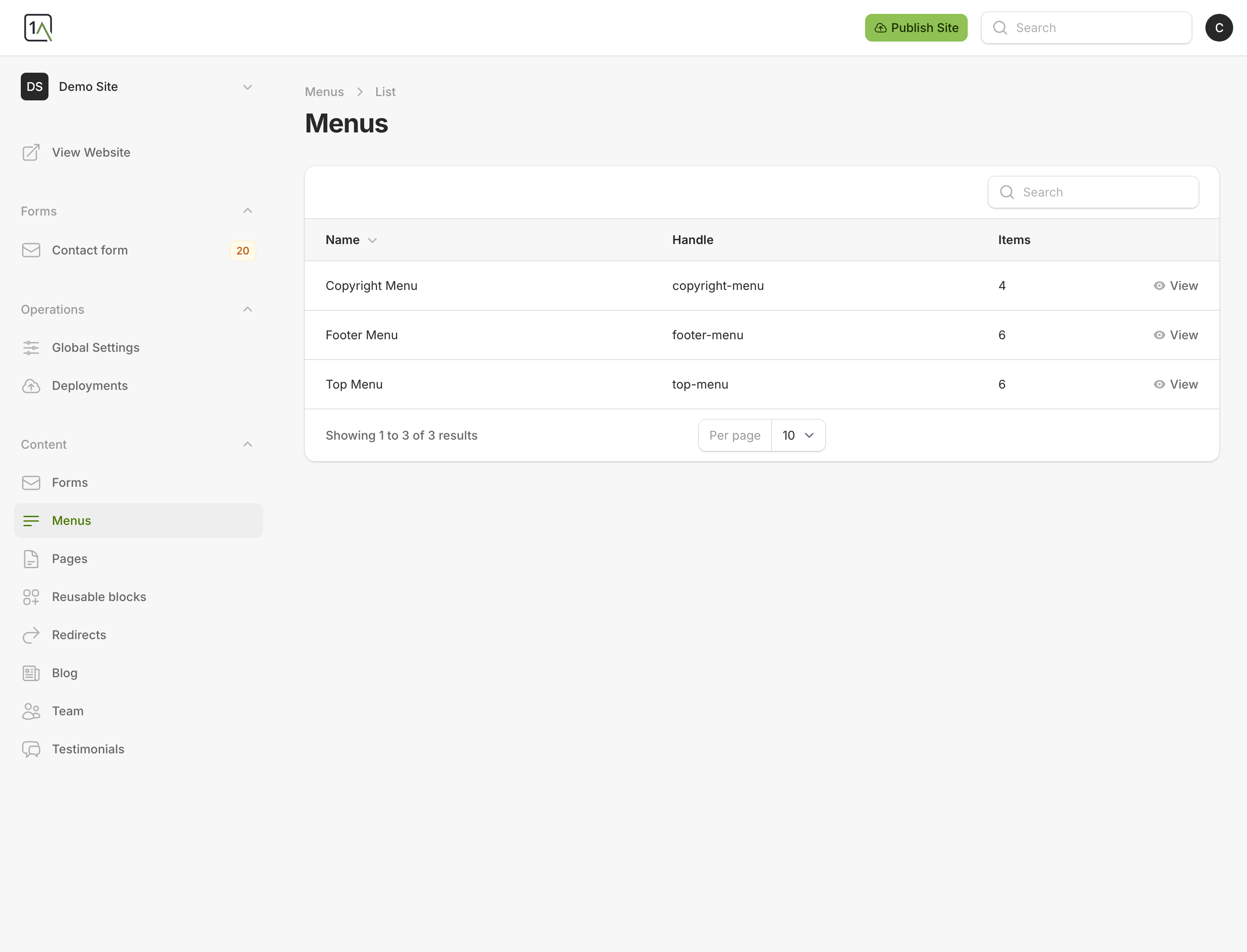 Menus list