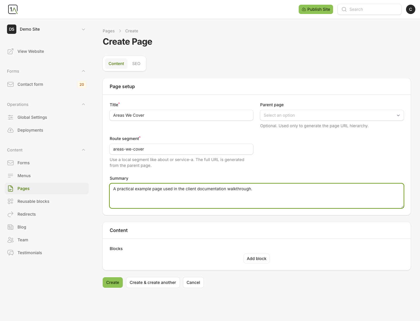 Create page screen