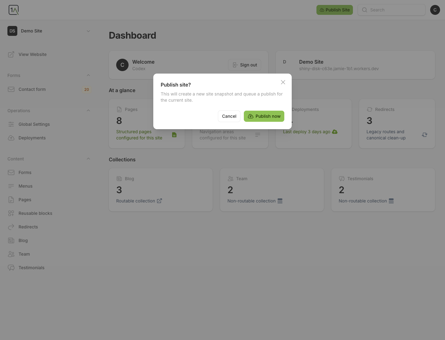Publish site modal